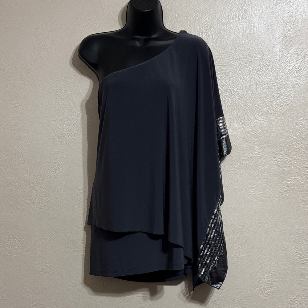 Ashley Stewart Gray One-Shoulder Top with Metallic Details
